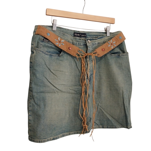 VTG Y2K Revolt Jeans Size 18 Boho Blue Jeans Skirt Beaded Attached Belt Western - Picture 2 of 12